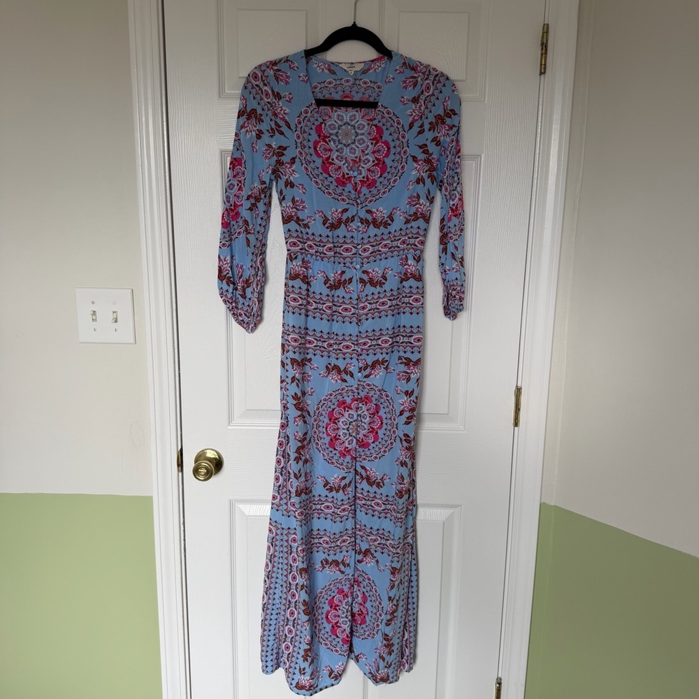 Entro Long Sleeve Blue Pink Floral Bohemian Button Down Maxi Dress Size Small